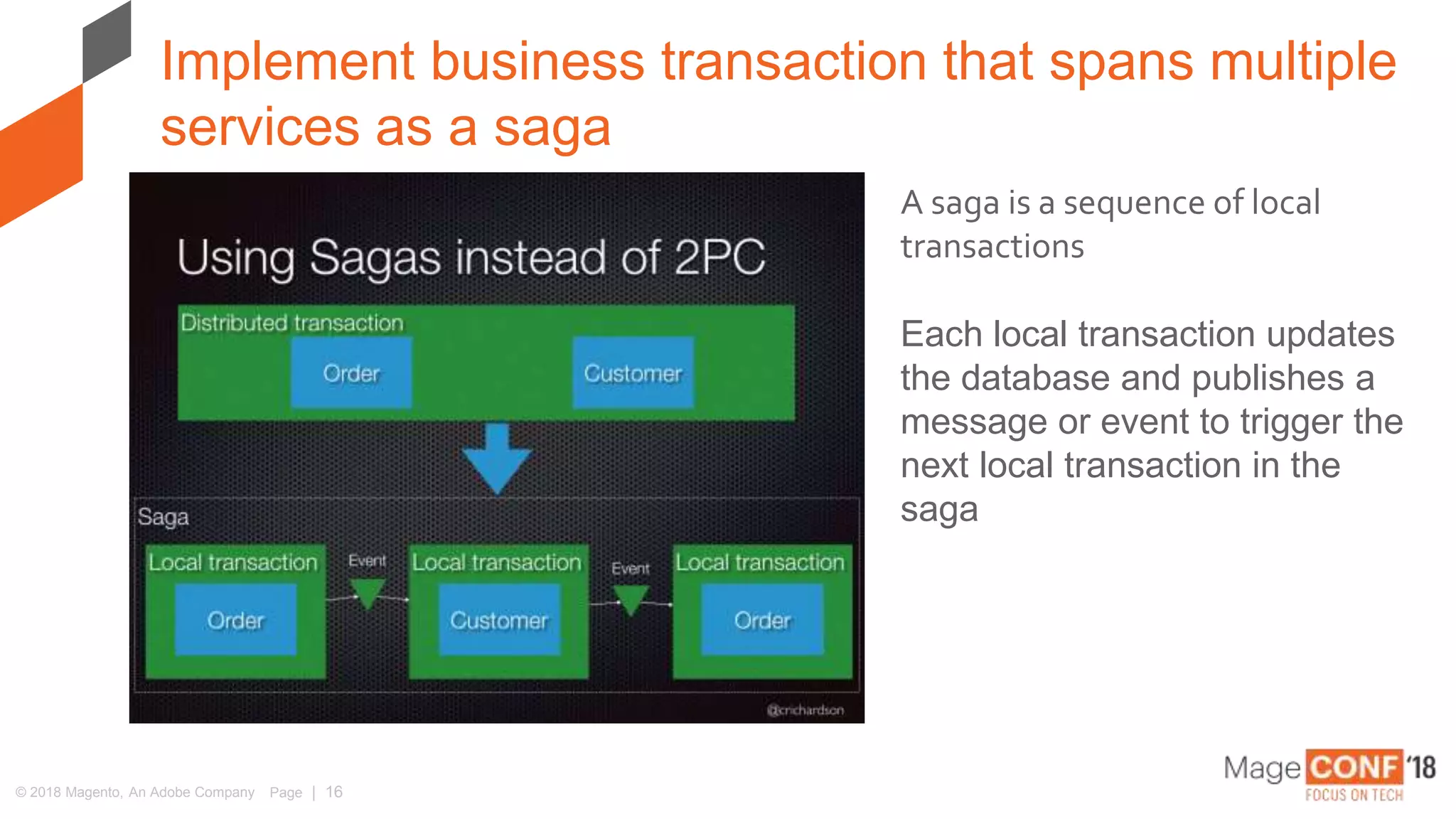 © 2018 Magento, An Adobe Company Page | 16
Implement business transaction that spans multiple
services as a saga
A saga is a sequence of local
transactions
Each local transaction updates
the database and publishes a
message or event to trigger the
next local transaction in the
saga
 
