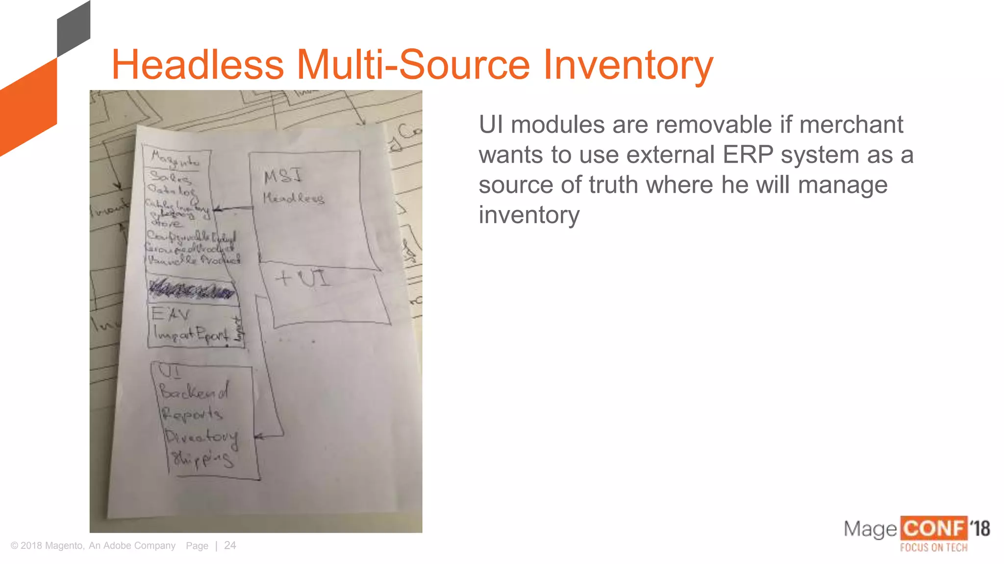 © 2018 Magento, An Adobe Company Page | 24
Headless Multi-Source Inventory
UI modules are removable if merchant
wants to use external ERP system as a
source of truth where he will manage
inventory
 