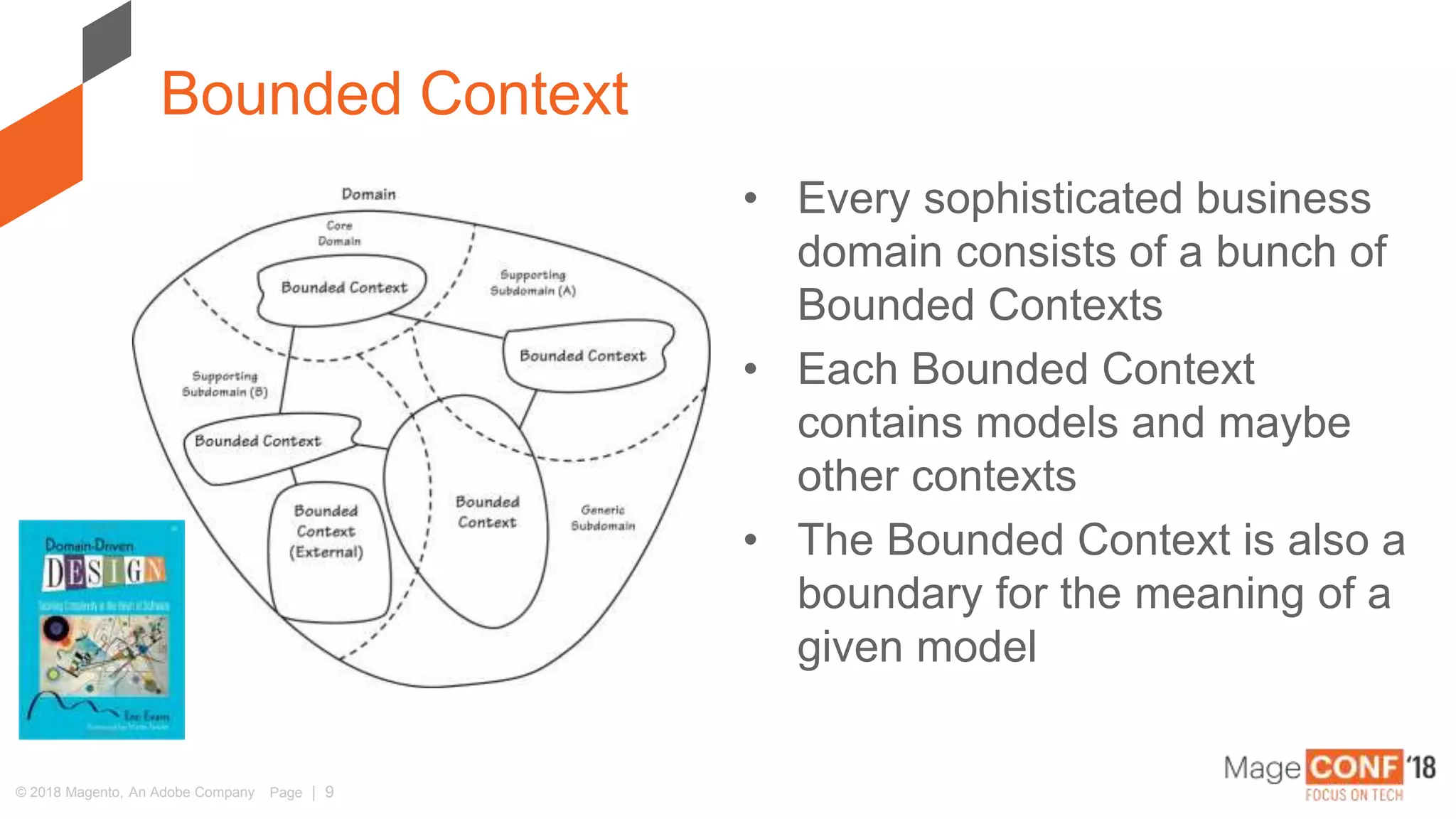 © 2018 Magento, An Adobe Company Page | 9
• Every sophisticated business
domain consists of a bunch of
Bounded Contexts
• Each Bounded Context
contains models and maybe
other contexts
• The Bounded Context is also a
boundary for the meaning of a
given model
Bounded Context
 