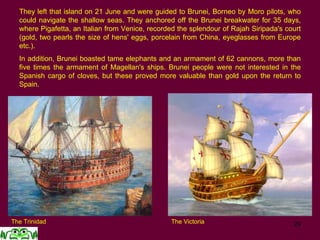29
They left that island on 21 June and were guided to Brunei, Borneo by Moro pilots, who
could navigate the shallow seas. They anchored off the Brunei breakwater for 35 days,
where Pigafetta, an Italian from Venice, recorded the splendour of Rajah Siripada's court
(gold, two pearls the size of hens' eggs, porcelain from China, eyeglasses from Europe
etc.).
In addition, Brunei boasted tame elephants and an armament of 62 cannons, more than
five times the armament of Magellan's ships. Brunei people were not interested in the
Spanish cargo of cloves, but these proved more valuable than gold upon the return to
Spain.
The Trinidad The Victoria
 