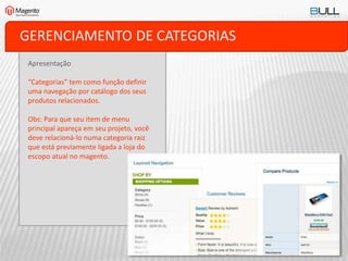 GERENCIAMENTO DE CATEGORIAS
Apresentação
“Categorias” tem como função definir
uma navegação por catálogo dos seus
produtos relacionados.
Obs: Para que seu item de menu
principal apareça em seu projeto, você
deve relacioná-lo numa categoria raiz
que está previamente ligada a loja do
escopo atual no magento.
 
