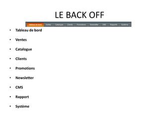 LE BACK OFFTableau de bordVentesCatalogueClientsPromotionsNewsletterCMSRapportSystème