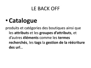 LE BACK OFFCatalogueproduits et catégories des boutiques ainsi que les attributs et les groupes d’attributs, et d’autres éléments comme les termes recherchés, les tags la gestion de la réécriture des url…