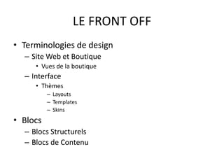 LE FRONT OFFTerminologies de designSite Web et BoutiqueVues de la boutiqueInterfaceThèmesLayoutsTemplatesSkinsBlocsBlocs StructurelsBlocs de Contenu
