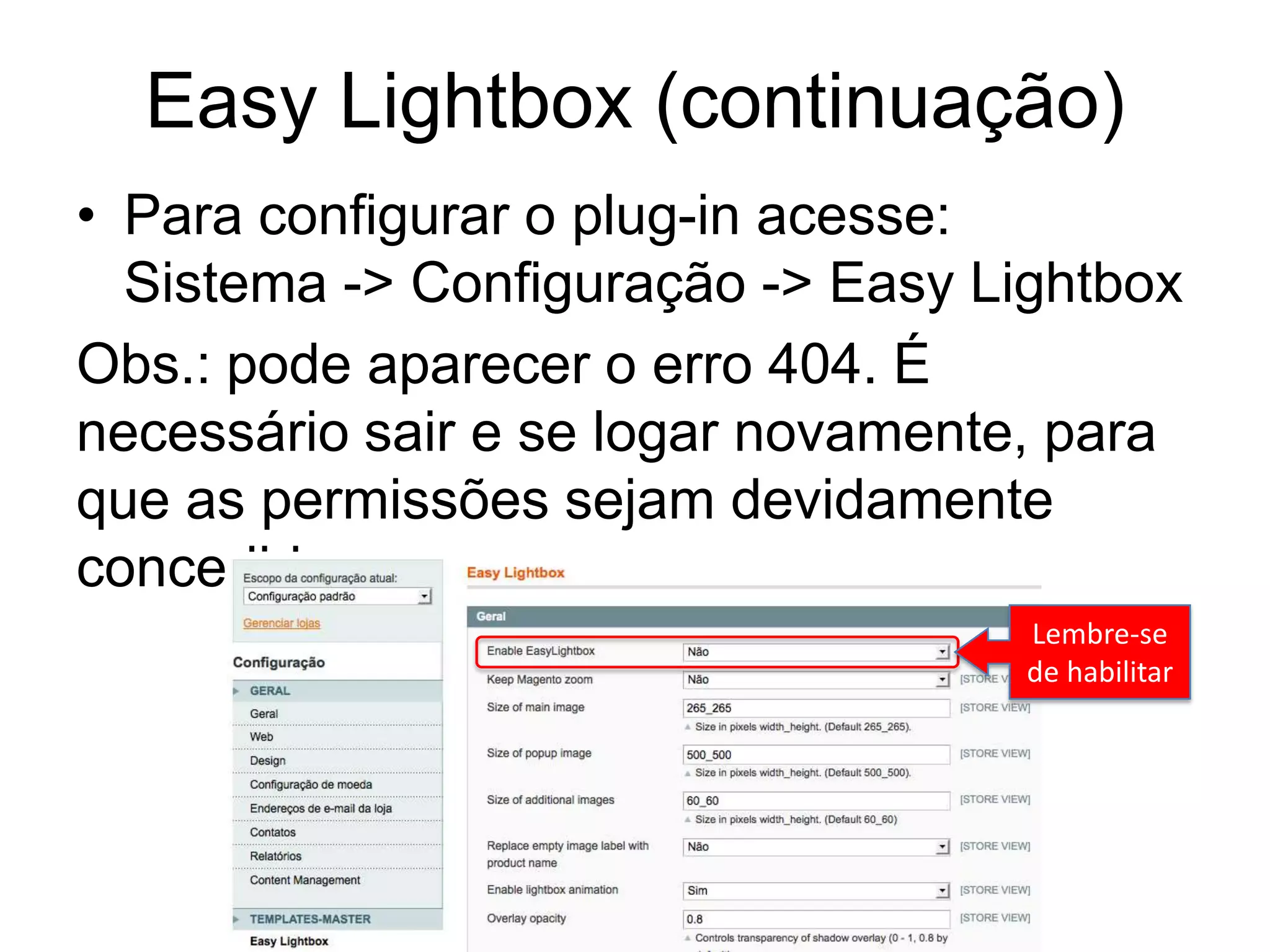 Easy Lightbox (continuação)
• Para configurar o plug-in acesse:
  Sistema -> Configuração -> Easy Lightbox
Obs.: pode aparecer o erro 404. É
necessário sair e se logar novamente, para
que as permissões sejam devidamente
concedidas.
                                    Lembre-se
                                    de habilitar
 