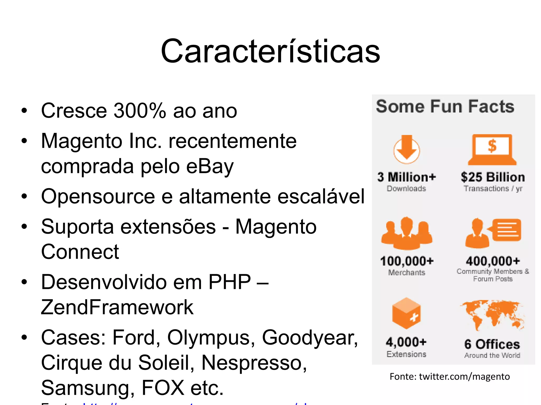 Características
• Cresce 300% ao ano
• Magento Inc. recentemente
  comprada pelo eBay
• Opensource e altamente escalável
• Suporta extensões - Magento
  Connect
• Desenvolvido em PHP –
  ZendFramework
• Cases: Ford, Olympus, Goodyear,
  Cirque du Soleil, Nespresso,       Fonte: twitter.com/magento
  Samsung, FOX etc.
 