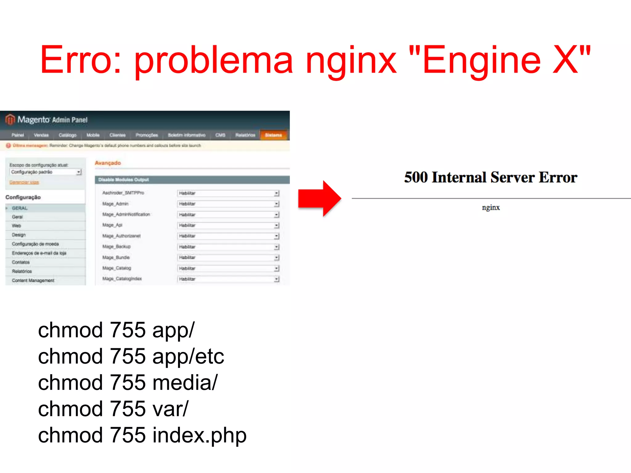 Erro: problema nginx "Engine X"




chmod 755 app/
chmod 755 app/etc
chmod 755 media/
chmod 755 var/
chmod 755 index.php
 