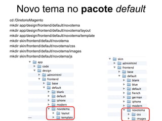 Novo tema no pacote default
cd /DiretorioMagento
mkdir app/design/frontend/default/novotema
mkdir app/design/frontend/default/novotema/layout
mkdir app/design/frontend/default/novotema/template
mkdir skin/frontend/default/novotema
mkdir skin/frontend/default/novotema/css
mkdir skin/frontend/default/novotema/images
mkdir skin/frontend/default/novotema/js
 