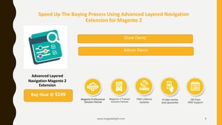 Speed Up The Buying Process Using Advanced Layered Navigation
Extension for Magento 2
www.magedelight.com 8
Store Demo
Buy Now @ $249
Advanced Layered
Navigation Magento 2
Extension
Admin Demo
 