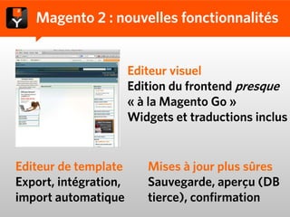 Magento 2 : nouvelles fonctionnalités


                       Editeur visuel
                       Edition du frontend presque
                       « à la Magento Go »
                       Widgets et traductions inclus


Editeur de template       Mises à jour plus sûres
Export, intégration,      Sauvegarde, aperçu (DB
import automatique        tierce), confirmation
 