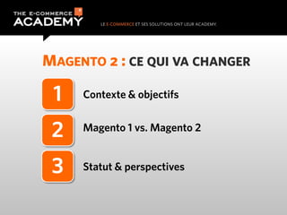 MAGENTO 2 : CE QUI VA CHANGER

 1   Contexte & objectifs


 2   Magento 1 vs. Magento 2


 3   Statut & perspectives
 