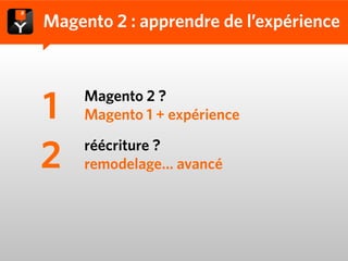 Magento 2 : apprendre de l’expérience



1    Magento 2 ?
     Magento 1 + expérience


2    réécriture ?
     remodelage… avancé
 