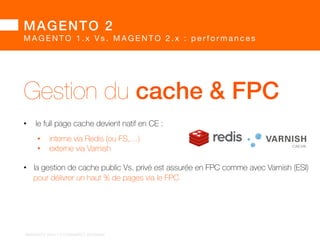 MAGENTO 2 
MAGENTO 1.x Vs. MAGENTO 2.x : technologies 
Côté client 
• dans la lignée de Magento CE 1.9 et EE 1.14, Magento 2 fournit un blank 
theme responsive.  
Il s’agit de RWD «mobile-first approach». 
 
• ce blank theme est basé sur HTML5 et CSS 3.  
• jQuery devient le framework JS natif,  
peut-être la fin des doubles implémentations jQuery + prototype  
qui alourdissent les pages. 
	 