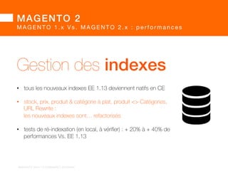 MAGENTO 2 
MAGENTO 1.x Vs. MAGENTO 2.x : performances 
Gestion du cache  FPC 
• le full page cache devient natif en CE : 
 
• interne via Redis (ou FS,…) 
• externe via Varnish 
 
• la gestion de cache public Vs. privé est assurée en FPC comme avec Varnish (ESI) 
pour délivrer un haut % de pages via le FPC  
	 