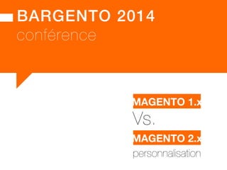 MAGENTO 2 
MAGENTO 1.x Vs. MAGENTO 2.x : performances 
Gestion des indexes 
• tous les nouveaux indexes EE 1.13 deviennent natifs en CE 
• stock, prix, produit  catégorie à plat, produit  Catégories, 
URL Rewrite :  
les nouveaux indexes sont… refactorisés 
• tests de ré-indexation (en local, à vérifier) : + 20% à + 40% de 
performances Vs. EE 1.13 
	 