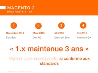MAGENTO 2! 
F o n c t i o n n a l i t é s 
Théorie : versions « métiers »! 
• avis : une autre « vraie nouveauté » de Magento 2 est 
la séparation entre Produit et Logiciel 
• (théorie) cela faciliterait une stratégie de : 
distribution de modules / versions spécialisées 
 