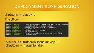 DEPLOYMENT KONFIGURATION
phpStorm → deploy.rb
The „Flow“
Alle direkt aufrufbaren Tasks mit cap -T
phpStorm → magento.rake
 