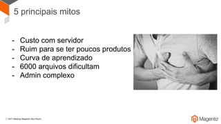 5 principais mitos
- Custo com servidor
- Ruim para se ter poucos produtos
- Curva de aprendizado
- 6000 arquivos dificultam
- Admin complexo
 