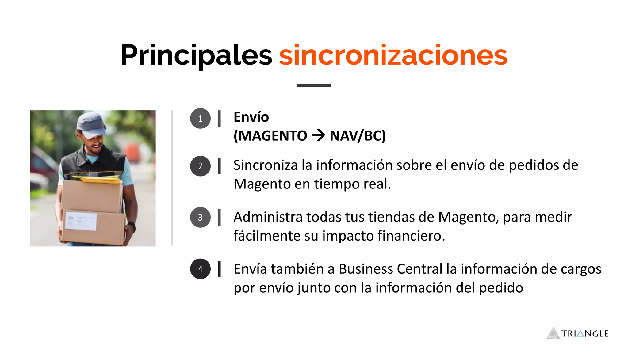 1 Envío
(MAGENTO  NAV/BC)
Envía también a Business Central la información de cargos
por envío junto con la información del pedido
Principales sincronizaciones
Sincroniza la información sobre el envío de pedidos de
Magento en tiempo real.
Administra todas tus tiendas de Magento, para medir
fácilmente su impacto financiero.
3
 