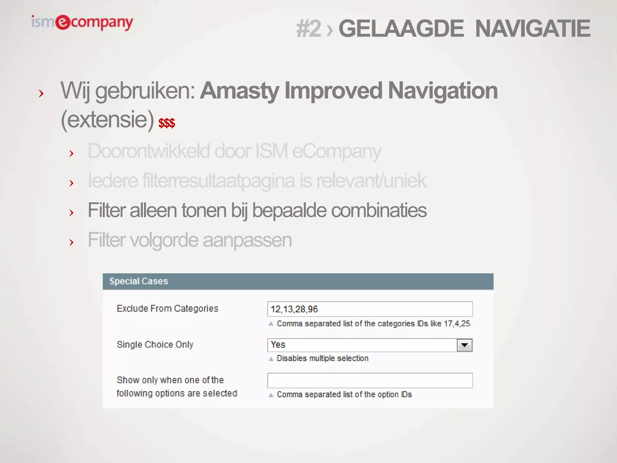 › Wij gebruiken: Amasty Improved Navigation
(extensie) $$$
› Doorontwikkeld door ISM eCompany
› Iedere filterresultaatpagina is relevant/uniek
› Filter alleen tonen bij bepaalde combinaties
› Filter volgorde aanpassen
#2 › GELAAGDE NAVIGATIE
 