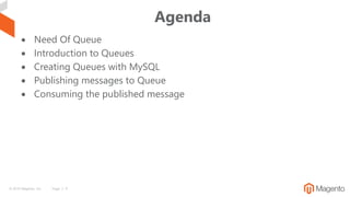 © 2019 Magento, Inc. Page | 4
Agenda
 Need Of Queue
 Introduction to Queues
 Creating Queues with MySQL
 Publishing me...
