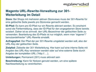 Magento URL-Rewrite-Verwaltung zur 301-
Weiterleitung im Detail
Store: Bei Shops mit mehreren aktiven Storeviews muss der 301-Rewrite für
eine gelöschte Seite jeweils pro Storeview gemacht werden.
ID-Pfad: Es kann pro ID-Pfad nur ein Rewrite aktiviert werden. Es erscheint
sonst die Fehlermeldung, dass der ID-Pfad für den angegebenen Store bereits
existiert. Daher ist es sinnvoll, den URL-Bezeichner der gelöschten Seite zu
verwenden. Bearbeitung des ID-Pfads ist nur möglich, wenn man “eigener”/”
benutzerdefnierter” URL-Rewrite einstellt.
Anfragepfad: Der Pfad der per 301-Rewrite umgeleitet werden soll, also der
URL-Key der gelöschten Seite.
Zielpfad: Zielseite der 301 Weiterleitung. Hier kann auf eine interne Seite mit
Angabe des URL-Key verwiesen werden oder auf eine externe Seite durch
Angabe der kompletten URL (“http://….).
Umleitungen: Permanent (301) muss aktiviert sein
Beschreibung: Kann für Notizen genutzt werden, um eine spätere
Nachbearbeitung zu vereinfachen.
 