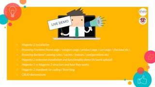 ○ Magento 2 installation
○ Browsing Frontend (home page / category page / product page / cart page / checkout etc )
○ Browsing Backend ( catalog rules / caches / indexes / configurations etc)
○ Magento 2 extension installation and functionality demo (Artwork upload)
○ Magento 1 vs Magento 2 structure and how they works
○ Magento 2 standards for coding / Rewriting
○ CRUD demonstrate
2424
 