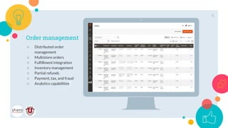 Order management
○ Distributed order
management
○ Multistore orders
○ Fulfillment integration
○ Inventory management
○ Partial refunds
○ Payment, tax, and fraud
○ Analytics capabilities
8
 