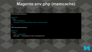 Magento env.php (memcache)
(PHP memcache extension)
'session' =>
array (
'save' => 'memcache',
'save_path' => 'tcp://<memcache ip or host>:<memcache port>'
),
(PHP memcached extension)
'session' =>
array (
'save' => 'memcached’,
'save_path' => '<memcache ip or host>:<memcache port>'
),
 