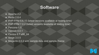 Software
● Apache 2.2
● Redis 2.8.4
● PHP-FPM 5.6.15 (latest versions available at testing time)
● PHP-FPM 7.0.2 (latest versions available at testing time)
● Percona 5.6
● Varnish 4.0.1
● Centos 6.7 x86_64
● Siege 3.0.5
● Magento 2.0.2 with sample data and sample theme
 