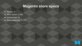 Magento store specs
● Stores: 1
● SKU count: 2,046
● Categories: 8
● Subcategories: 1,173
 