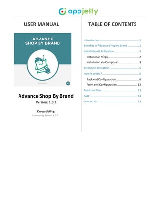 USER MANUAL
Advance Shop By Brand
Version: 1.0.2
Compatibility:
Community Edition 2.0.*
TABLE OF CONTENTS
Introduction ......................................................1
Benefits of Advance Shop By Brand ................1
Installation & Activation...................................2
Installation Steps...........................................2
Installation via Composer.............................3
Extension Activation.........................................5
How it Works?...................................................6
Back end Configuration: ...............................6
Front end Configuration:........................... 12
Points to Note:............................................... 13
FAQ: ................................................................ 14
Contact Us ...................................................... 15
 
