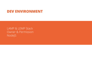 LAMP & LEMP Stack
Owner & Permission
NodeJS
DEV ENVIRONMENT
 