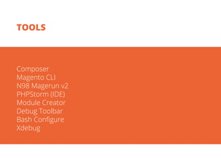 Composer
Magento CLI
N98 Magerun v2
PHPStorm (IDE)
Module Creator
Debug Toolbar
Bash Configure
Xdebug
TOOLS
 