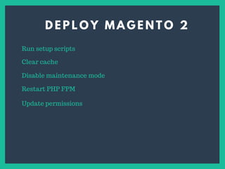 D E P L O Y M A G E N T O 2
Run setup scripts
Clear cache
Disable maintenance mode
Update permissions
Restart PHP FPM
 