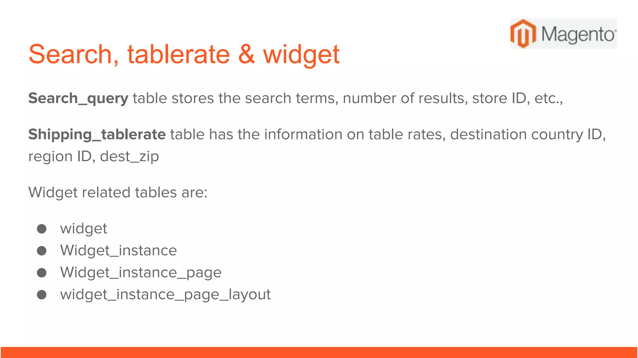 Search, tablerate & widget
Search_query table stores the search terms, number of results, store ID, etc.,
Shipping_tablerate table has the information on table rates, destination country ID,
region ID, dest_zip
Widget related tables are:
● widget
● Widget_instance
● Widget_instance_page
● widget_instance_page_layout
 