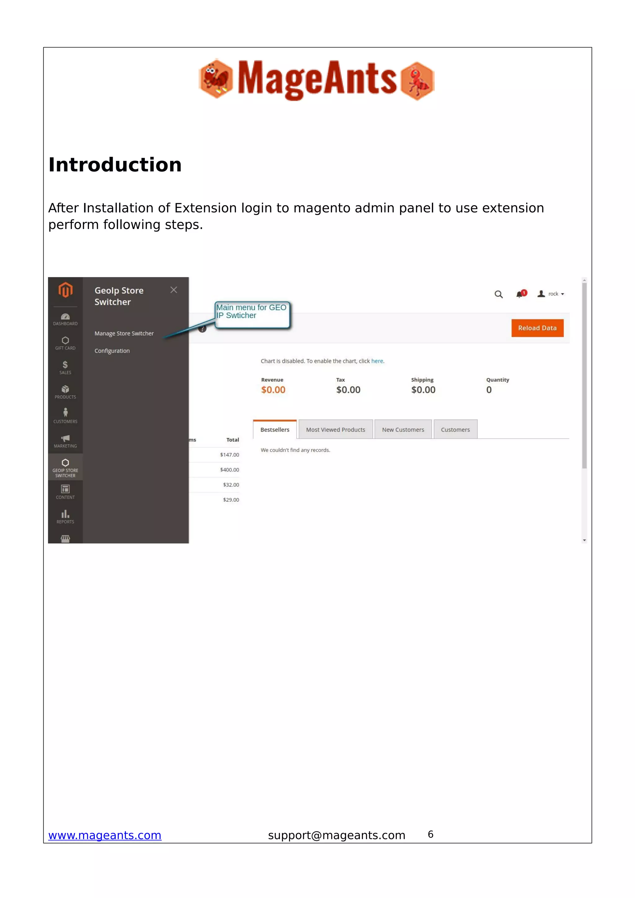 Introduction
After Installation of Extension login to magento admin panel to use extension
perform following steps.
www.mageants.com support@mageants.com 6
 