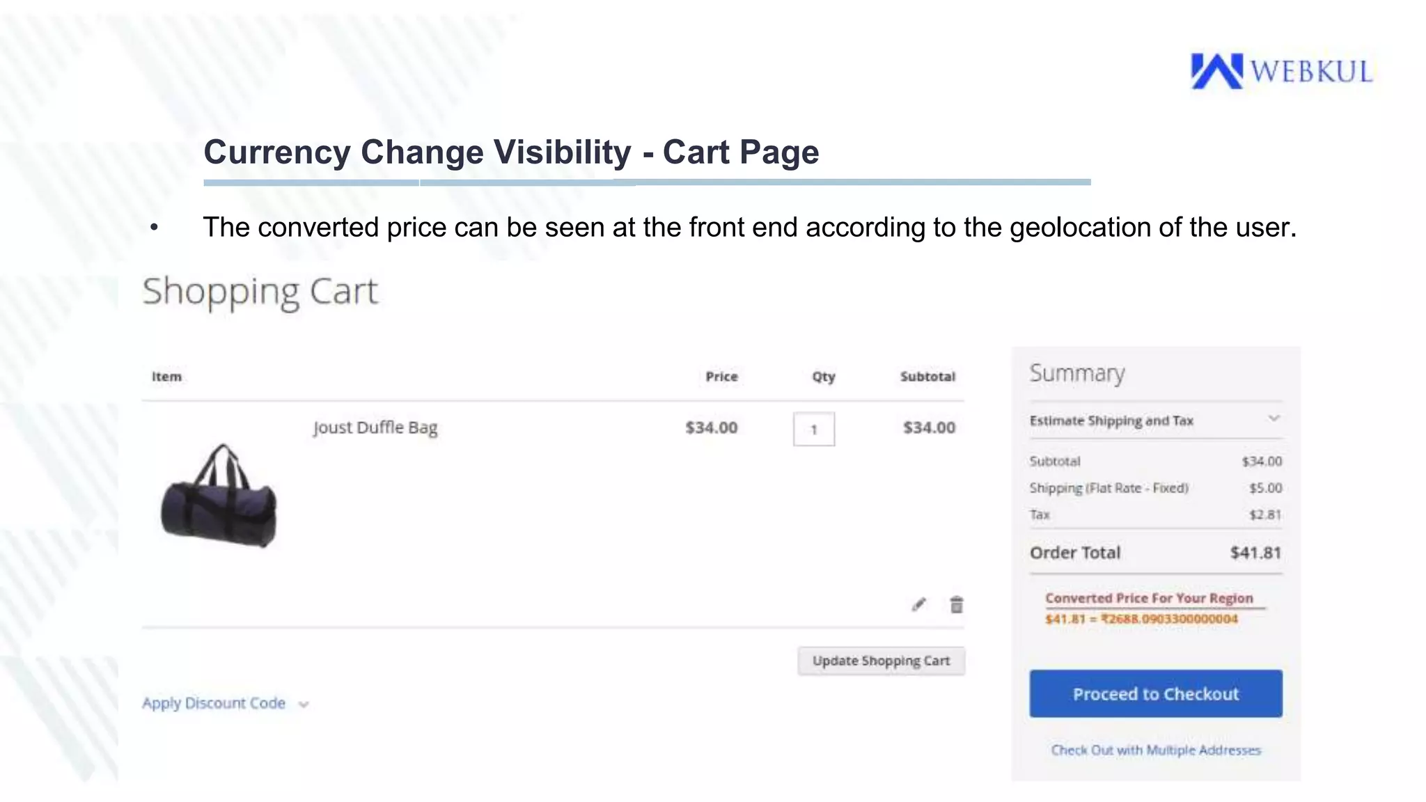 Currency Change Visibility - Cart Page
• The converted price can be seen at the front end according to the geolocation of the user.
 