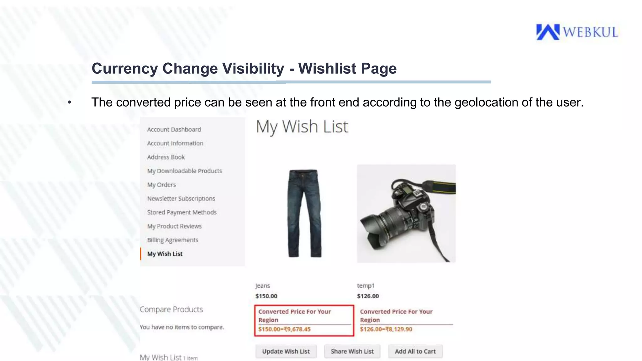 Currency Change Visibility - Wishlist Page
• The converted price can be seen at the front end according to the geolocation of the user.
 