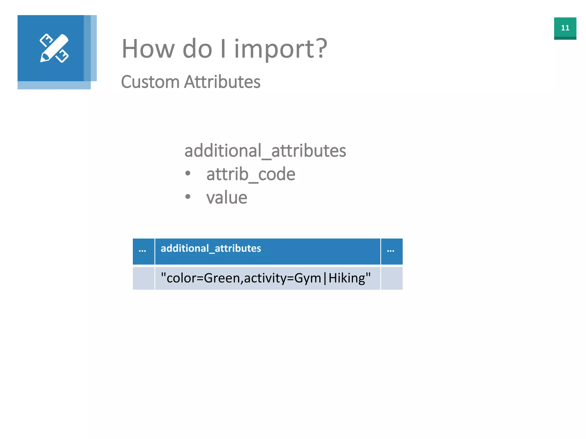 11
How do I import?
Custom Attributes
additional_attributes
• attrib_code
• value
… additional_attributes …
"color=Green,activity=Gym|Hiking"
 