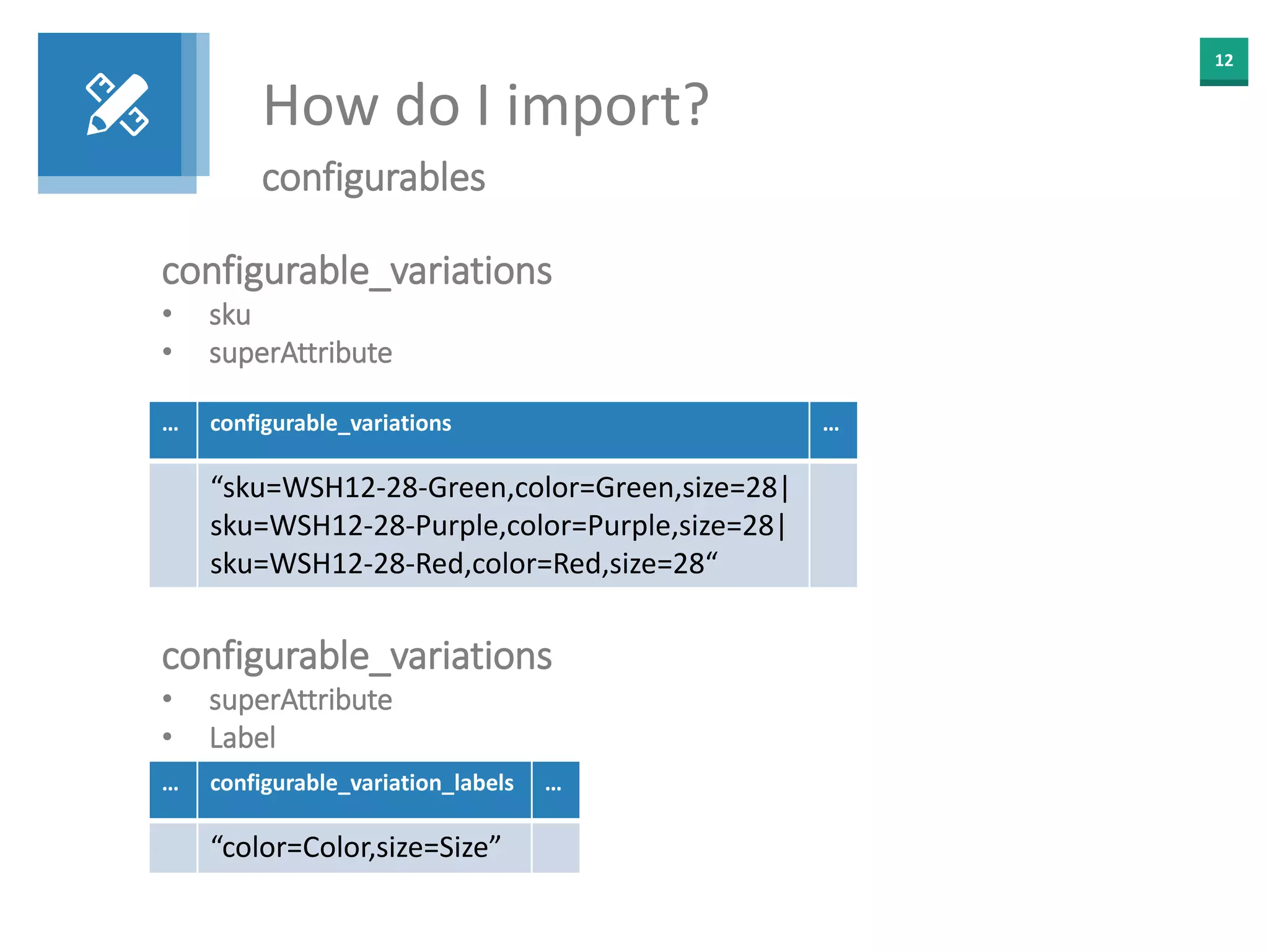 12
How do I import?
configurables
configurable_variations
• sku
• superAttribute
… configurable_variations …
“sku=WSH12-28-Green,color=Green,size=28|
sku=WSH12-28-Purple,color=Purple,size=28|
sku=WSH12-28-Red,color=Red,size=28“
configurable_variations
• superAttribute
• Label
… configurable_variation_labels …
“color=Color,size=Size”
 