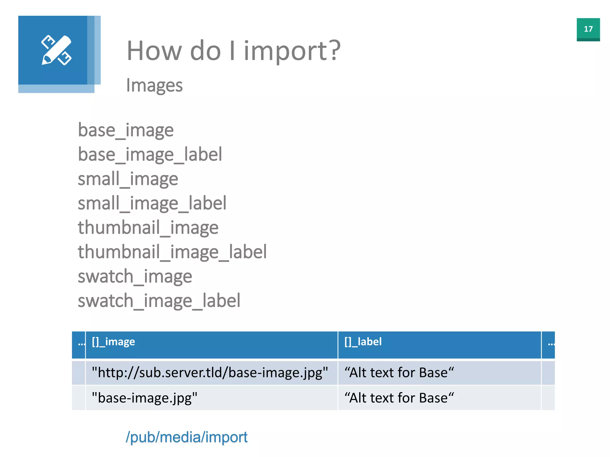 17
How do I import?
Images
base_image
base_image_label
small_image
small_image_label
thumbnail_image
thumbnail_image_label
swatch_image
swatch_image_label
… []_image []_label …
"http://sub.server.tld/base-image.jpg" “Alt text for Base“
"base-image.jpg" “Alt text for Base“
/pub/media/import
 