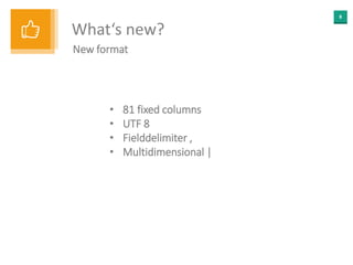 8
What‘s new?
New format
• 81 fixed columns
• UTF 8
• Fielddelimiter ,
• Multidimensional |
 
