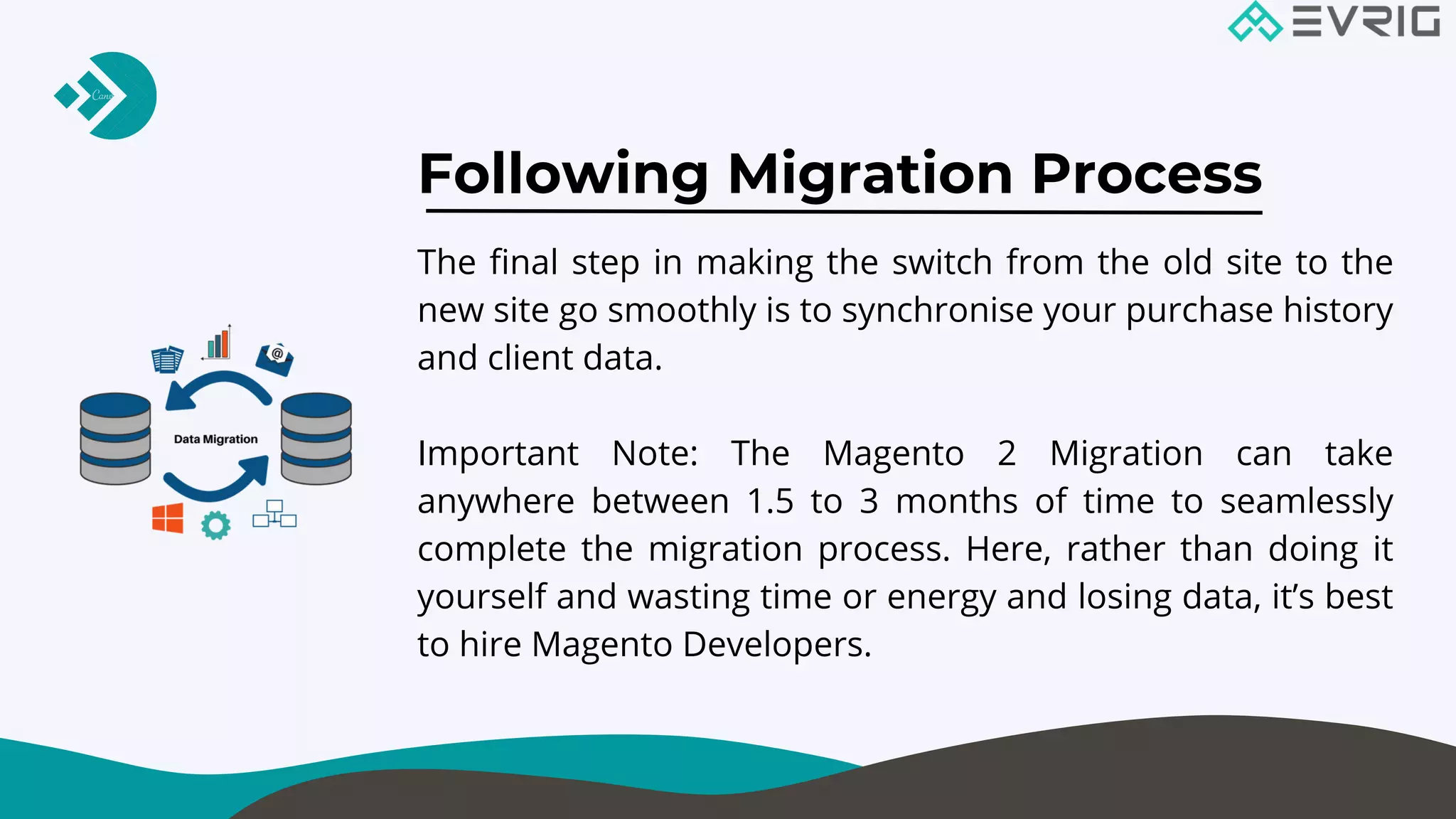 The final step in making the switch from the old site to the
new site go smoothly is to synchronise your purchase history
and client data.
Important Note: The Magento 2 Migration can take
anywhere between 1.5 to 3 months of time to seamlessly
complete the migration process. Here, rather than doing it
yourself and wasting time or energy and losing data, it’s best
to hire Magento Developers.
Following Migration Process


 