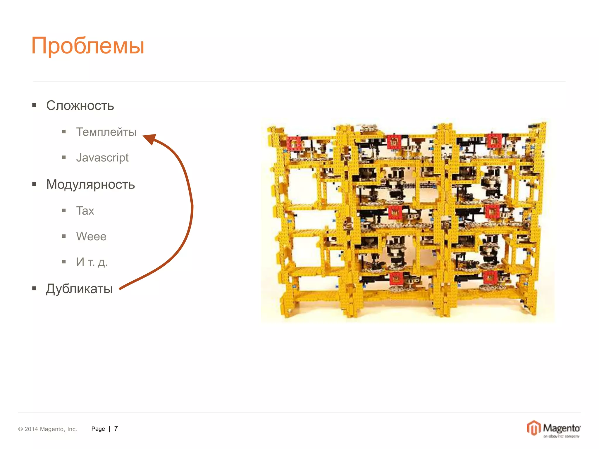 Проблемы 
 Сложность 
 Темплейты 
 Javascript 
 Модулярность 
 Tax 
 Weee 
 И т. д. 
 Дубликаты 
© 2014 Magento, Inc. Page | 7 
 