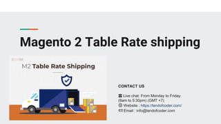 Magento 2 Table Rate shipping
CONTACT US
☎️ Live chat: From Monday to Friday
(8am to 5:30pm) (GMT +7)
🌐 Website : https://landofcoder.com/
📩 Email : info@landofcoder.com
 
