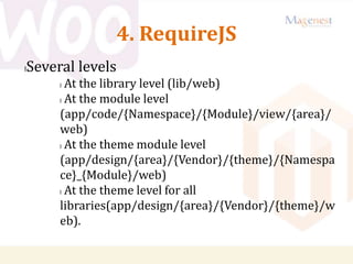 4. RequireJS
lSeveral levels
l At the library level (lib/web)
l At the module level
(app/code/{Namespace}/{Module}/view/{area}/
web)
l At the theme module level
(app/design/{area}/{Vendor}/{theme}/{Namespa
ce}_{Module}/web)
l At the theme level for all
libraries(app/design/{area}/{Vendor}/{theme}/w
eb).
 