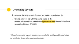To override the instructions from an ancestor theme layout file:
● Create a layout file with the same name in the
<theme_dir>/<Vendor>_<Module>/layout/override/theme/<Vendor>/
<ancestor_theme> directory.
*Though overriding layouts is not recommended, it is still possible, and might
be a solution for certain customization tasks.
Overriding Layouts
 
