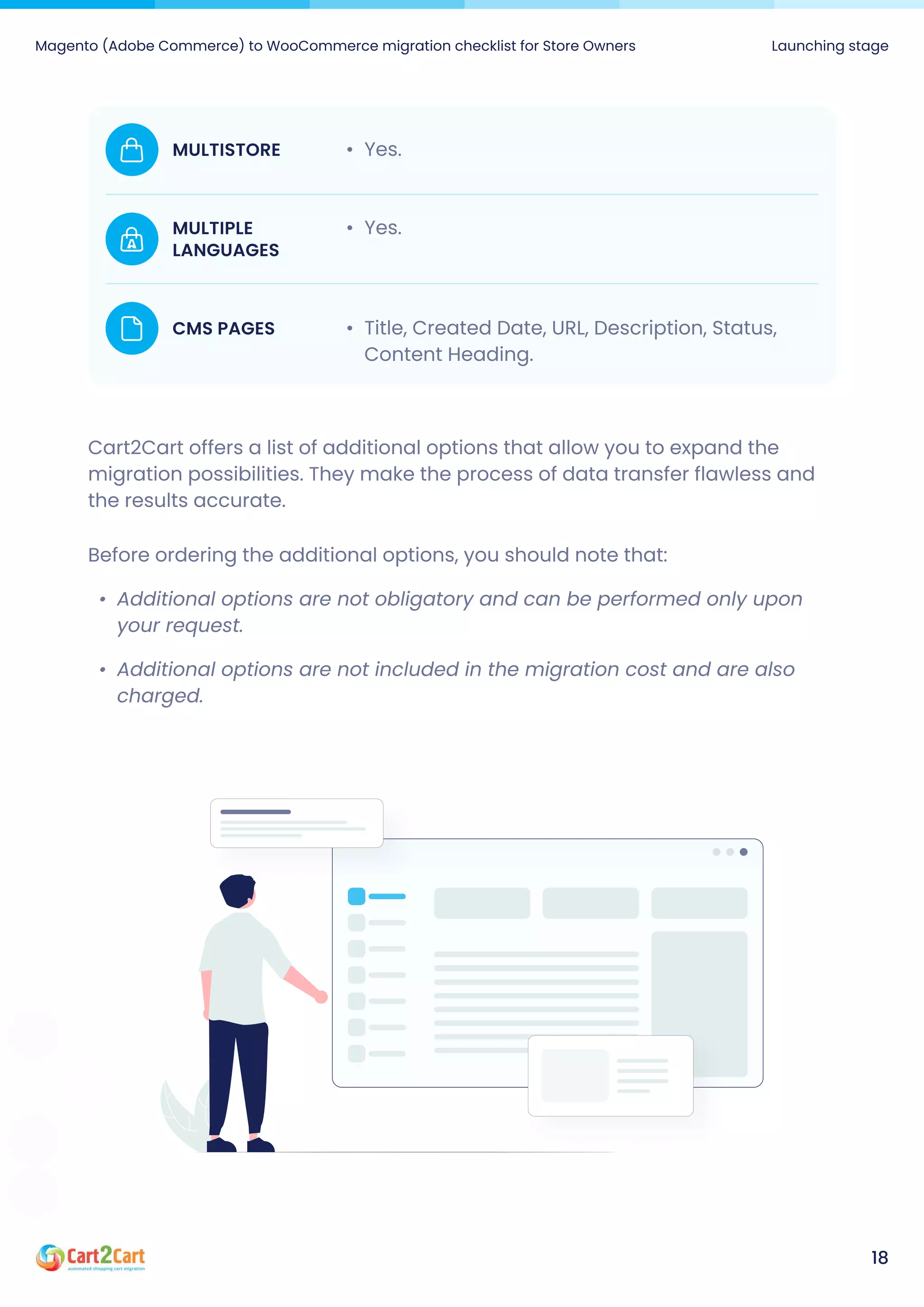 Magento (Adobe Commerce) to WooCommerce migration checklist for Store Owners Launching stage
18
Yes.
MULTISTORE
Yes.
MULTIPLE

LANGUAGES
Title, Created Date, URL, Description, Status,
Content Heading.
CMS PAGES
Cart2Cart offers a list of additional options that allow you to expand the
migration possibilities. They make the process of data transfer flawless and
the results accurate.
Before ordering the additional options, you should note that
Additional options are not obligatory and can be performed only upon
your request
Additional options are not included in the migration cost and are also
charged.
 