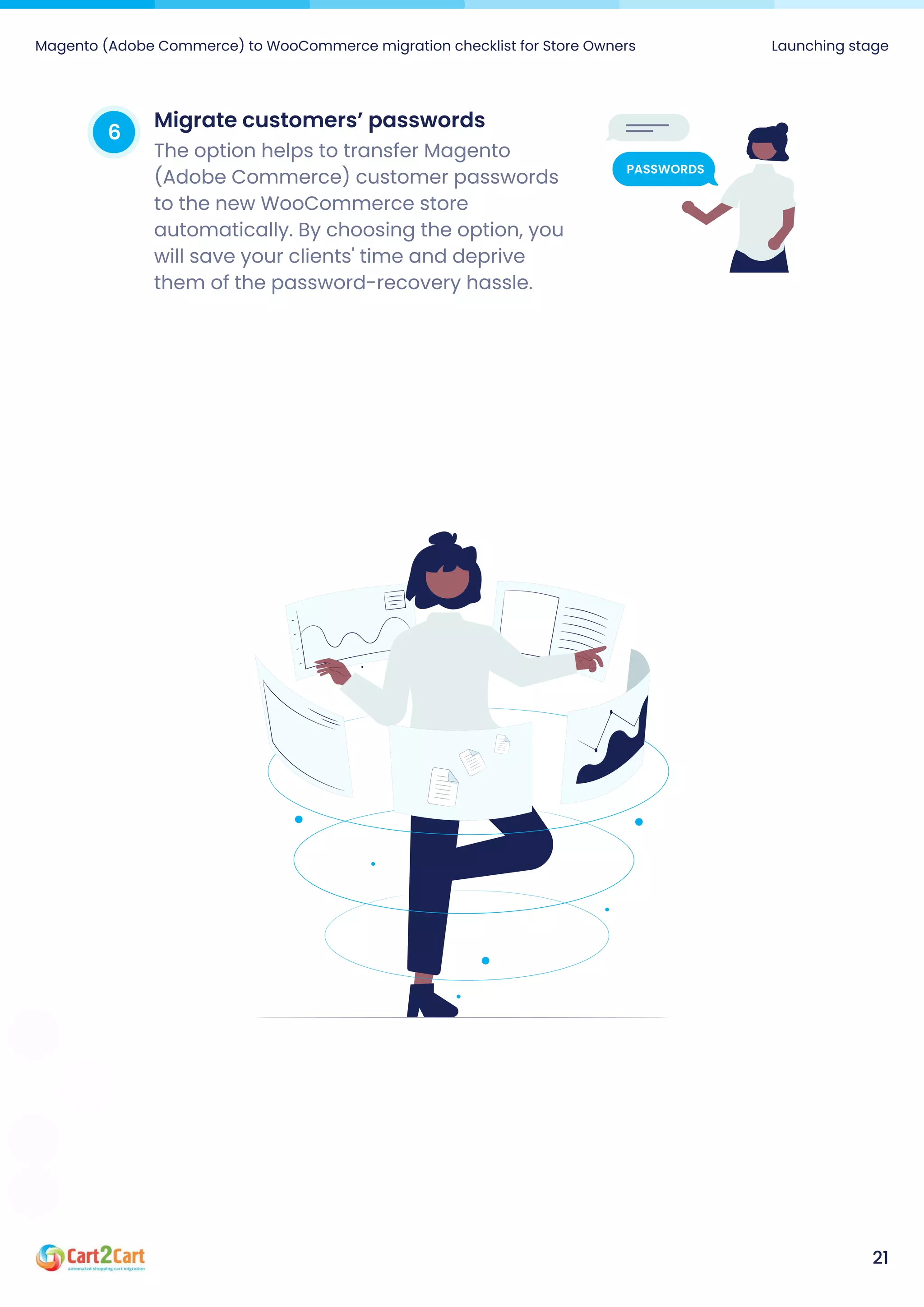 Magento (Adobe Commerce) to WooCommerce migration checklist for Store Owners Launching stage
21
6 Migratecustomers’passwords
The option helps to transfer Magento
(Adobe Commerce) customer passwords
to the new WooCommerce store
automatically. By choosing the option, you
will save your clients' time and deprive
them of the password-recovery hassle.
passwords
 